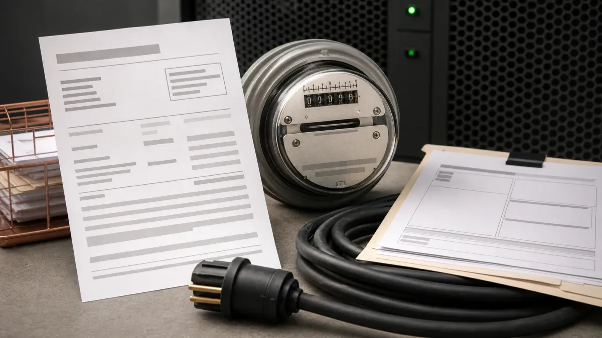 A power bill, electric meter, coiled cable and blank utility papers arranged on a tabletop.