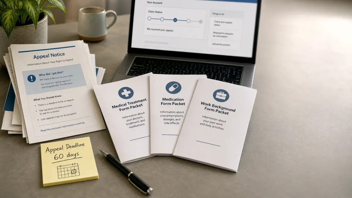 Appeal paperwork, a laptop status page, and a 60-day deadline note arranged on a desk.