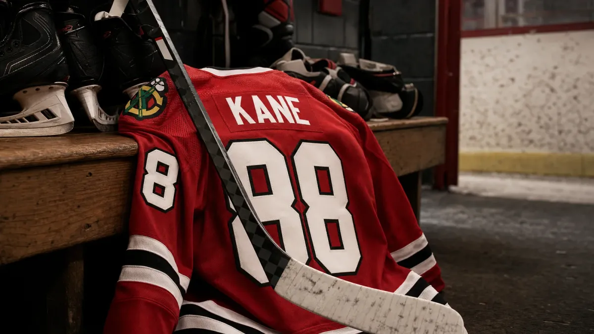 A red Blackhawks number 88 Kane jersey and hockey stick staged in a locker-room return scene