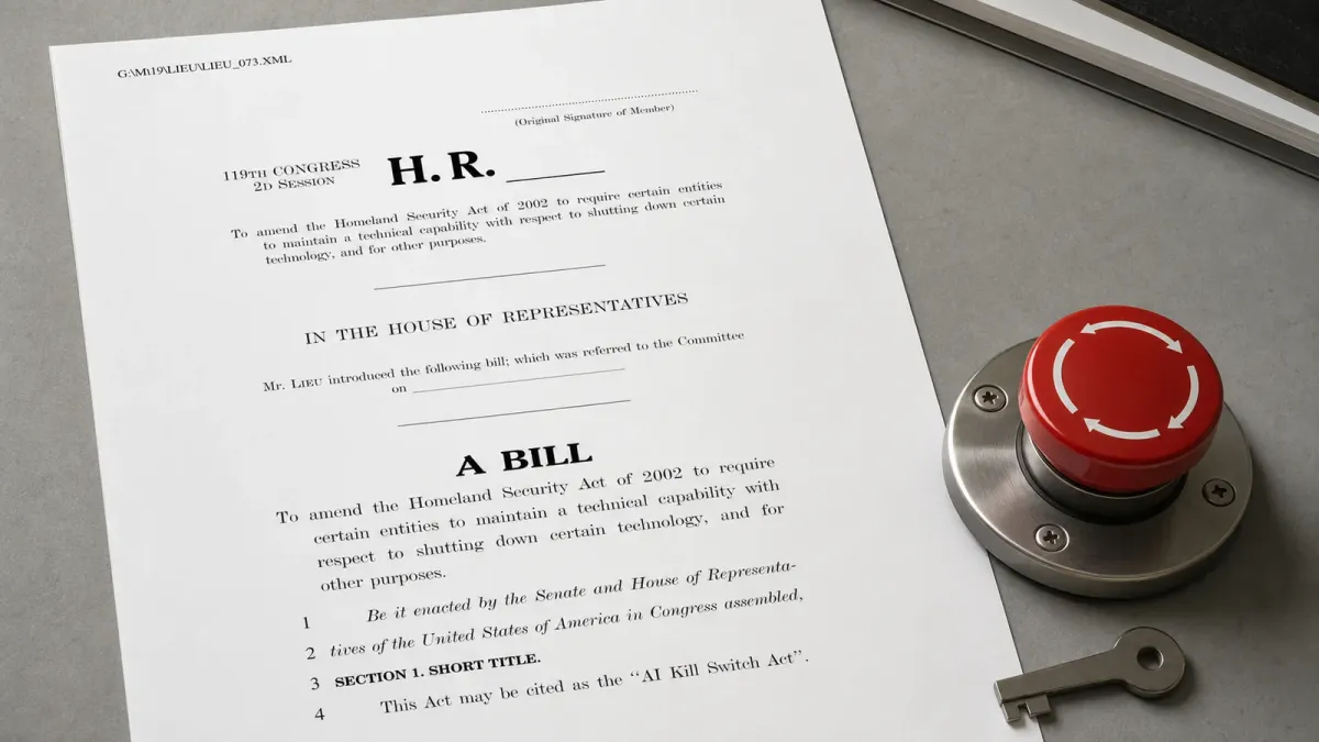 A printed AI Kill Switch Act bill page on a desk beside a red emergency stop button.