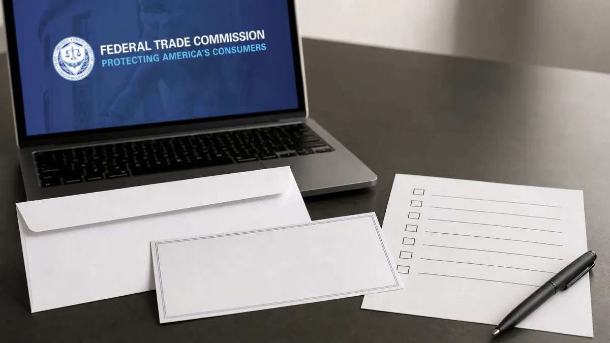 A refund check envelope, blank checklist and laptop open to a Federal Trade Commission refund page arranged on a desk