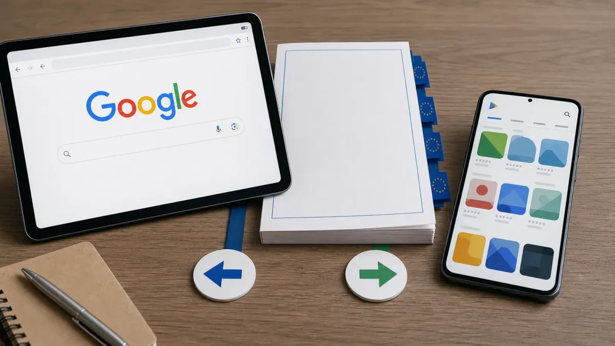 A tablet with a Google-style search page and a phone-like app store screen beside a blank regulatory packet.