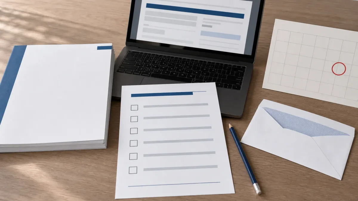 A blank comment packet, checklist, laptop form and circled calendar square arranged on a desk