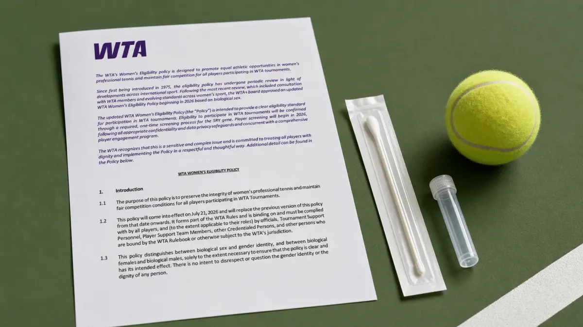 An official WTA eligibility policy page arranged with a cheek swab packet, sample tube and tennis ball.