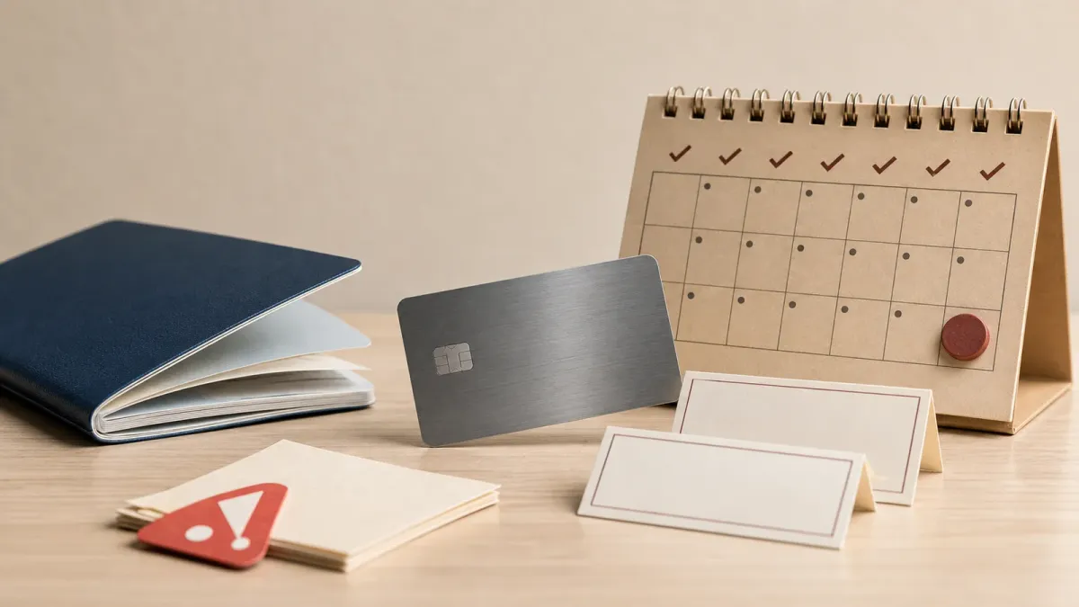 A passport-like booklet, payment card and blank appointment cards arranged beside a 10-day calendar grid.