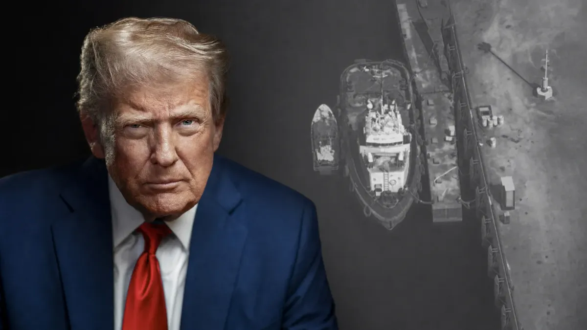 Editorial composite of Donald Trump beside a monochrome overhead maritime image from U.S. military strike footage