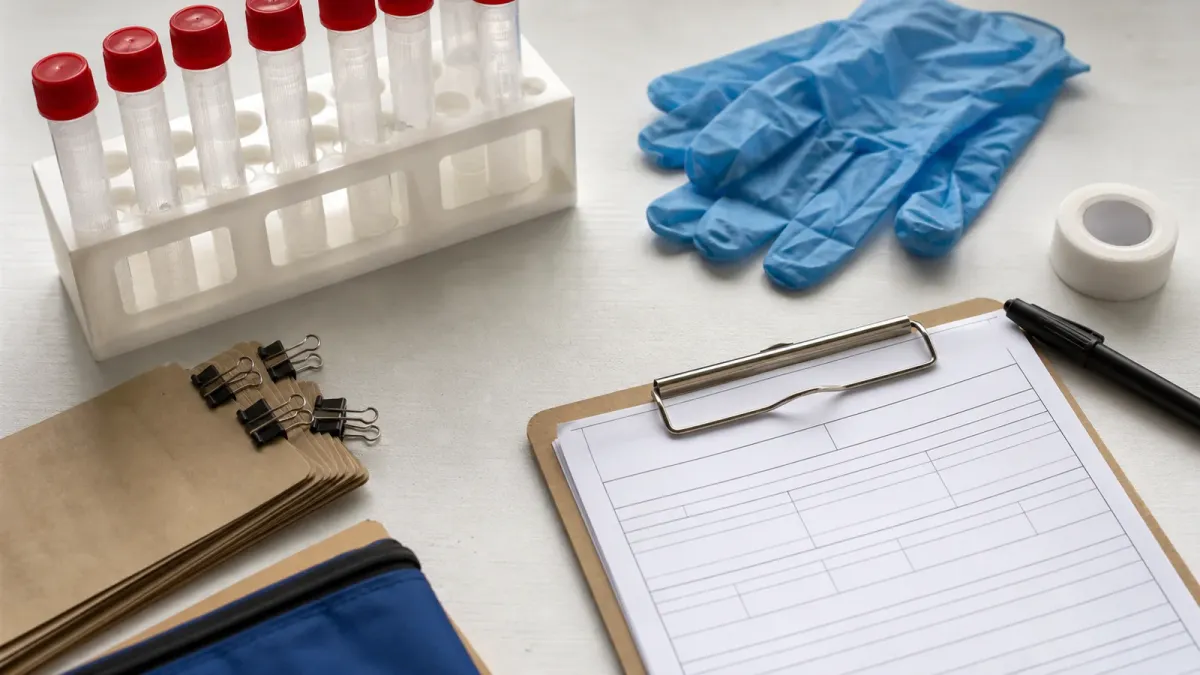 Protective medical gloves, sealed sample tubes and blank field records arranged as an outbreak response still life