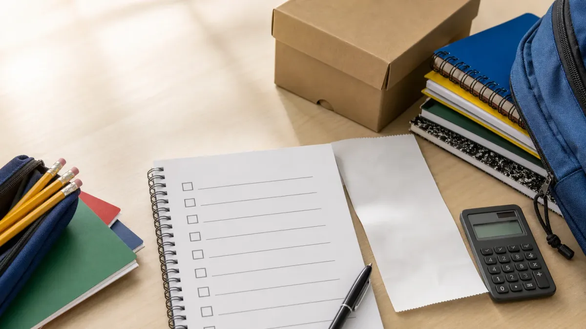 School supplies, a calculator, a receipt and a blank checklist arranged as a back-to-school shopping plan.