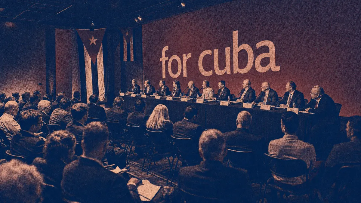 Two-tone editorial treatment of a Miami forum panel facing an audience beside Cuban flags and a For Cuba backdrop.