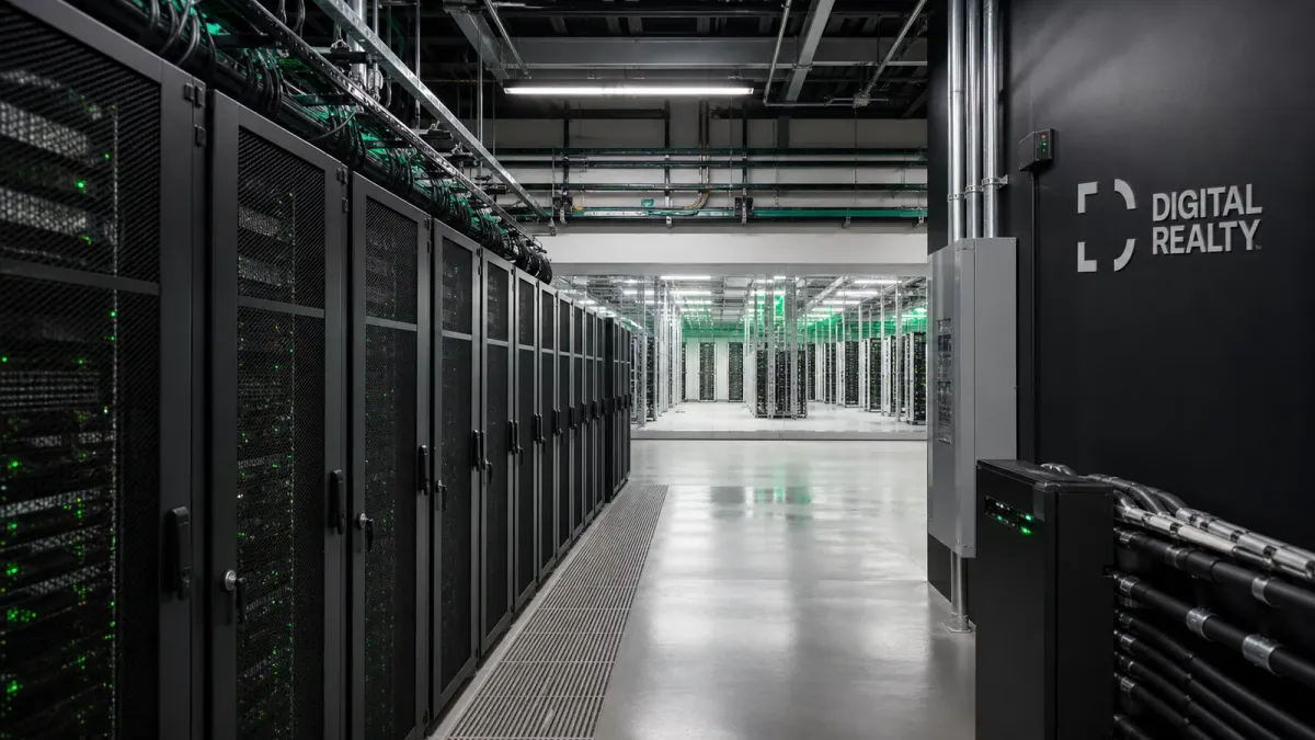 A Digital Realty-branded data center aisle extends from active server racks toward additional illuminated capacity rows.