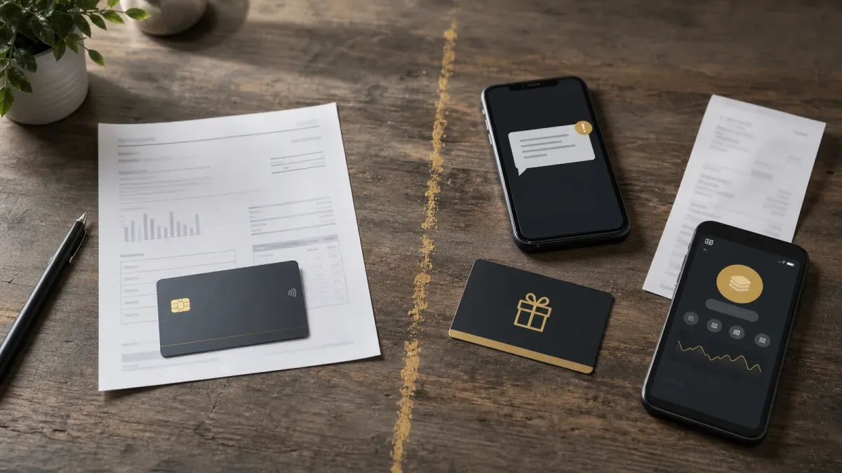 A tabletop arrangement separates ordinary payment items from a blank gift card, phone, crypto screen and transfer receipt.