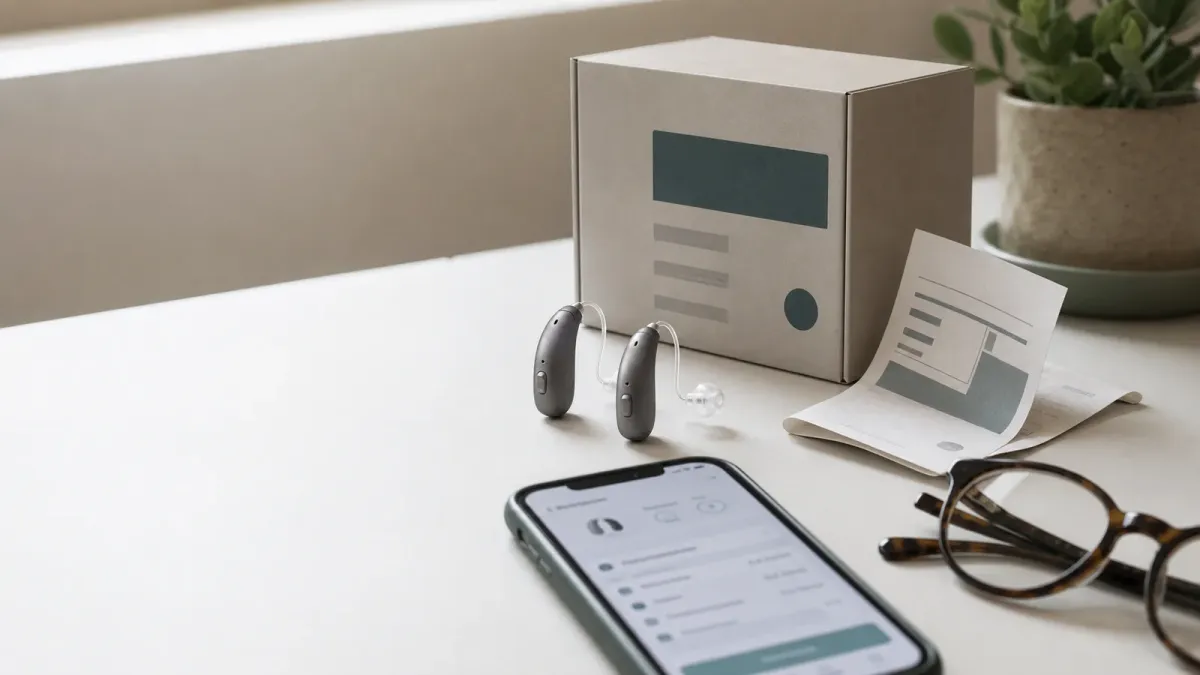 Non-branded hearing aids beside a plain box, return receipt, phone and reading glasses on a tabletop.