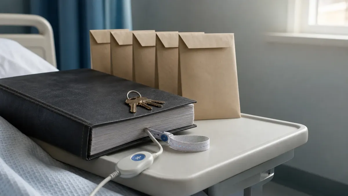 A hospital call-button cord and patient wristband pinned beneath an acquisition binder beside property keys and five sealed envelopes.