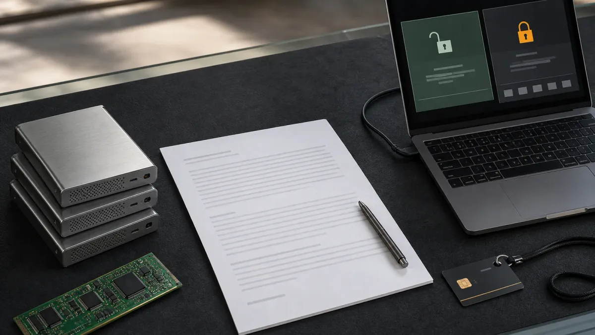 A policy letter, storage drives and a secured laptop arranged to show the choice between open and restricted AI models.
