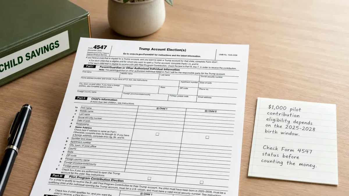 IRS Form 4547 for Trump Account elections staged with a pen and child savings folder.