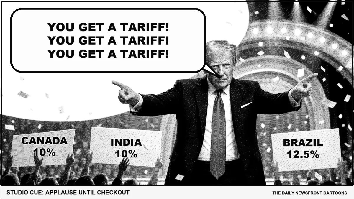 Black-and-white editorial cartoon of Donald Trump on a daytime giveaway-show stage pointing toward country placards while saying, “You get a tariff! You get a tariff! You get a tariff!” Confetti made from checkout receipts falls around a cue card reading “Applause until checkout.”