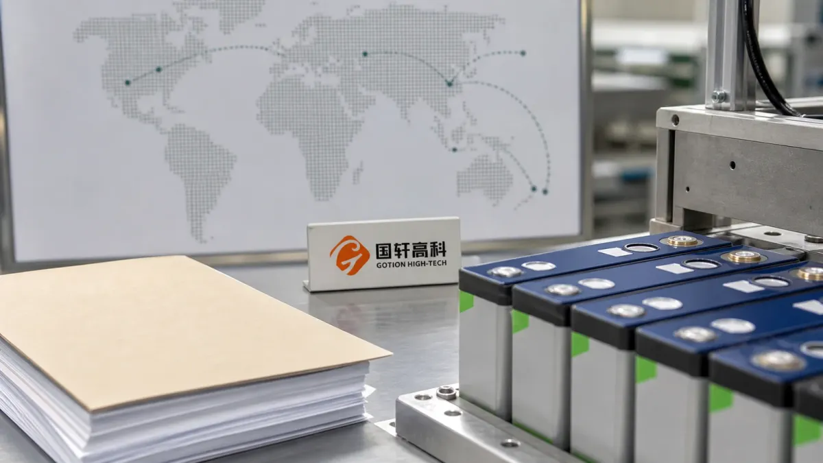 Battery cells and financing papers arranged beside a Gotion High-Tech identity marker on an industrial workbench.