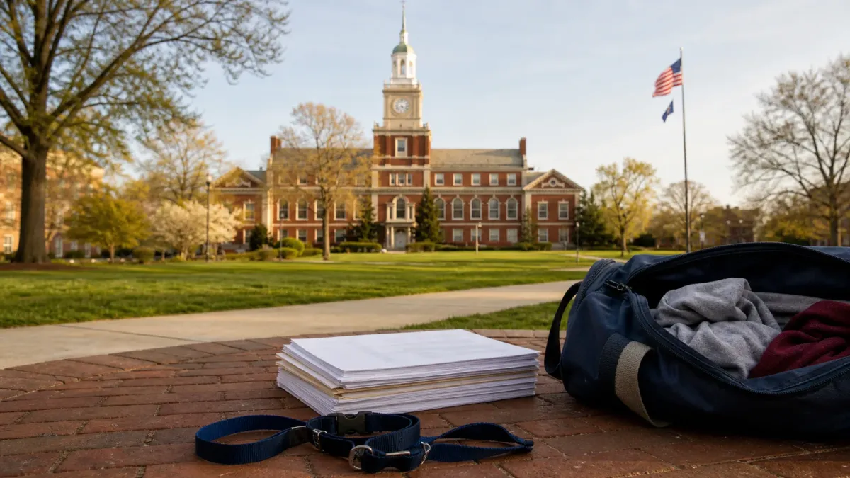 Howard University's Founders Library with generic enrollment paperwork and a packed bag in the foreground.