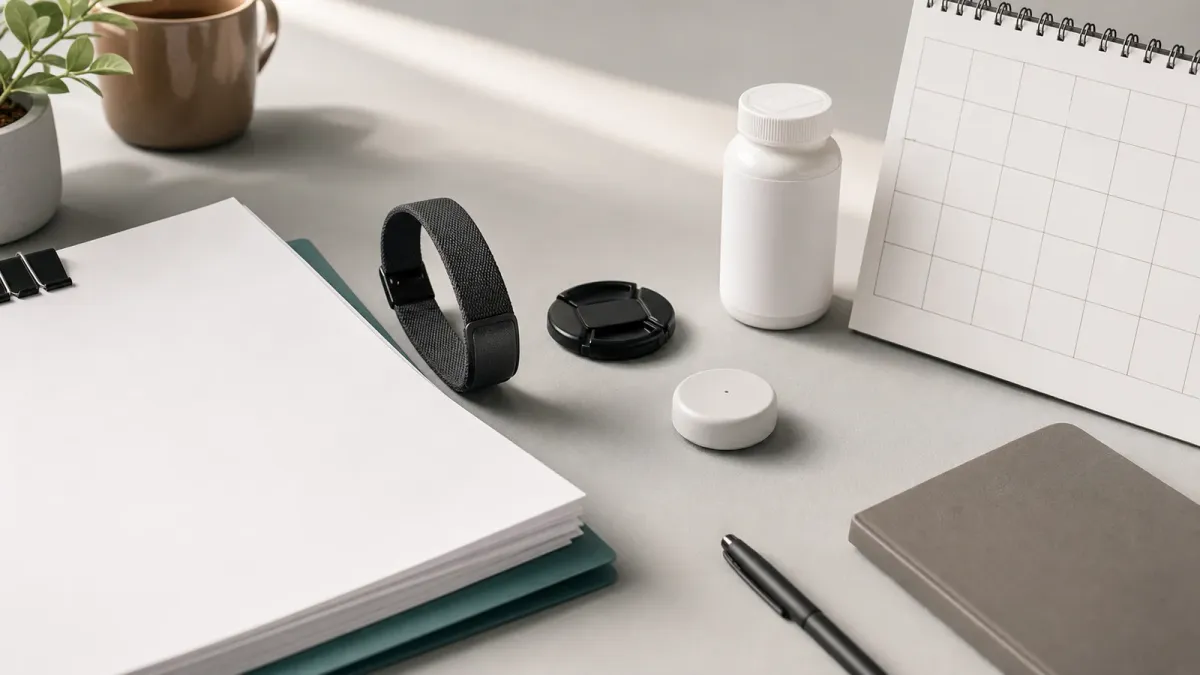 A digital health funding application staged with a wearable sensor, camera lens, medication bottle and calendar