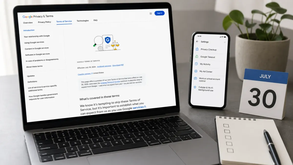 Laptop showing Google's official Terms of Service page beside a phone, checklist and calendar reminder.