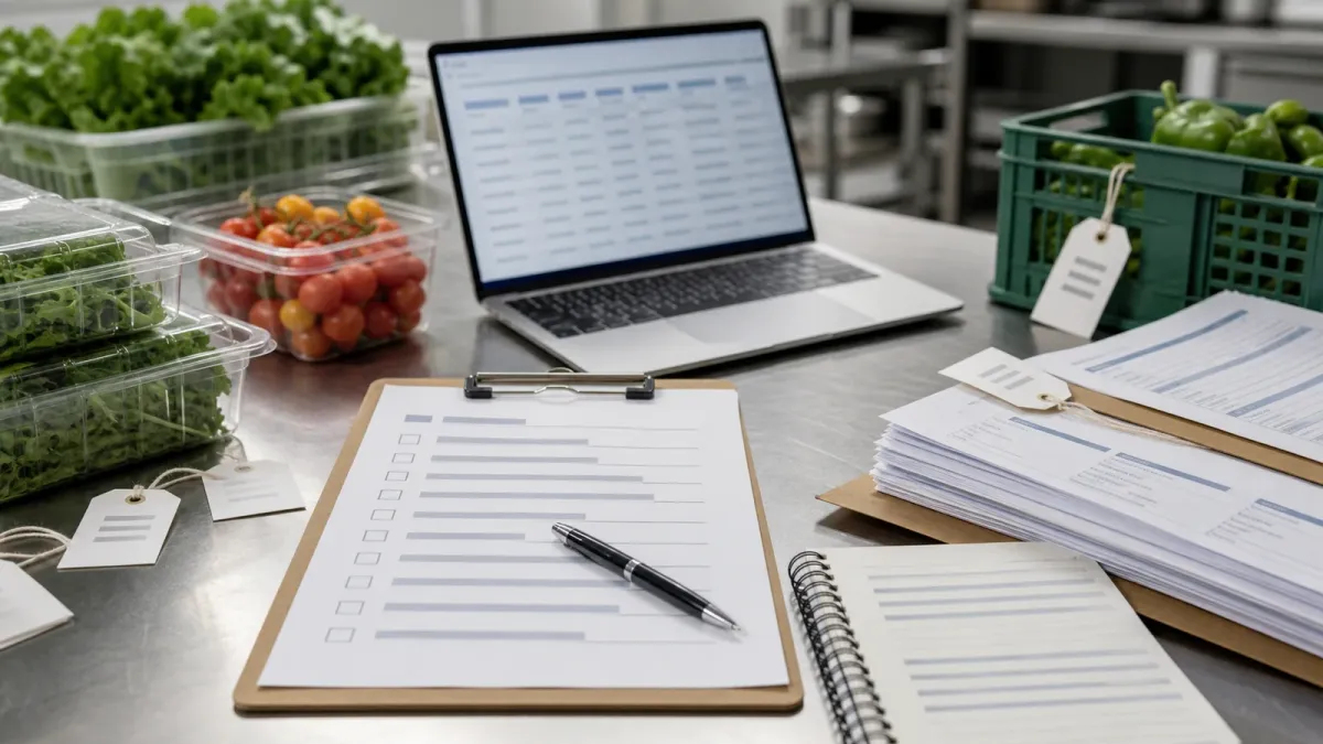 A traceability checklist, lot-code spreadsheet, and fresh produce containers arranged on a food business worktable