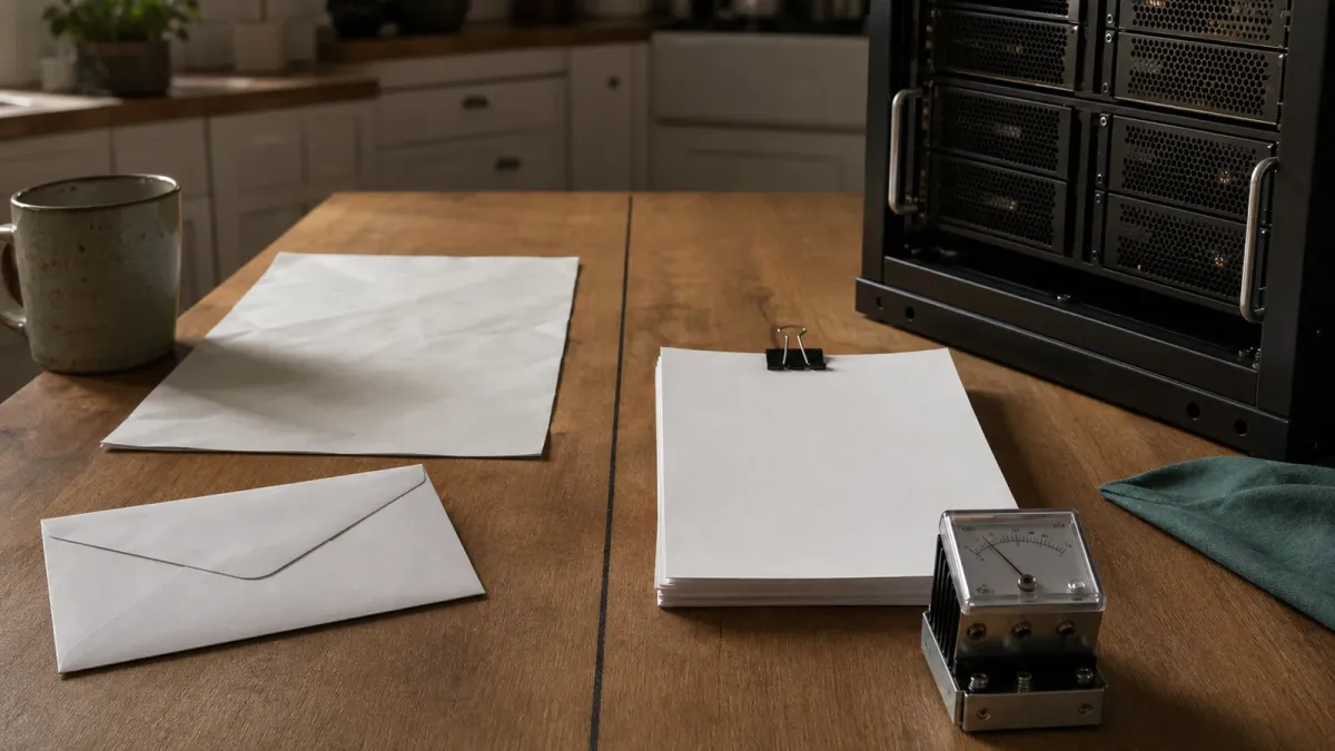 A utility bill, blank contract packet, power meter part and server hardware arranged on a table to show a cost-allocation choice.