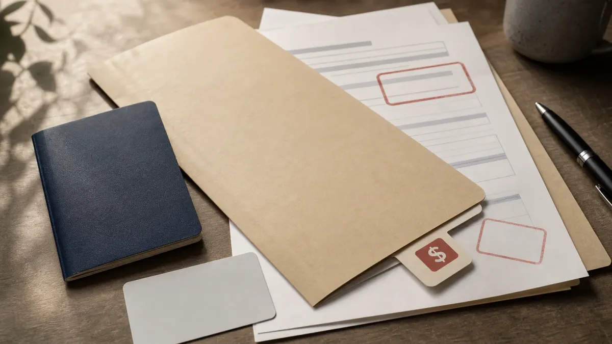 A realistic desk still life with immigration filing papers, a passport, a payment card, and a court-order folder blocking a fee tab.