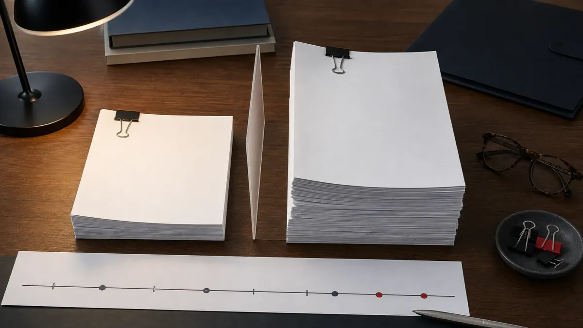 A blank merger-review packet split into a small priority stack and a larger reserve stack on a desk.