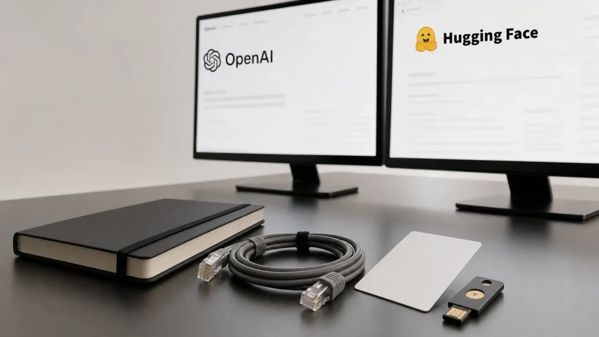 OpenAI and Hugging Face incident pages shown on two screens beside access-control objects on a desk.