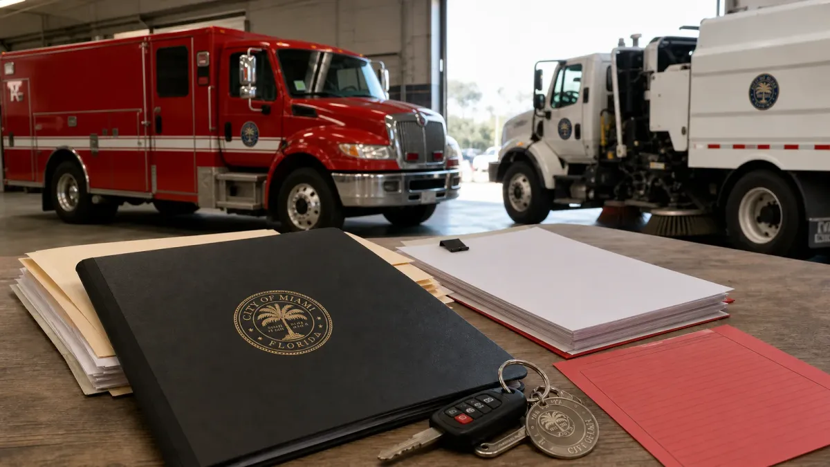 A City of Miami fleet replacement file staged beside a red fire-rescue vehicle reference and municipal service equipment
