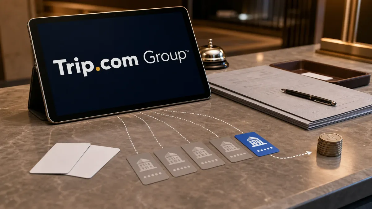 A tablet with the Trip.com Group brand sits beside hotel keycards and blank rate-comparison cards on a front desk.