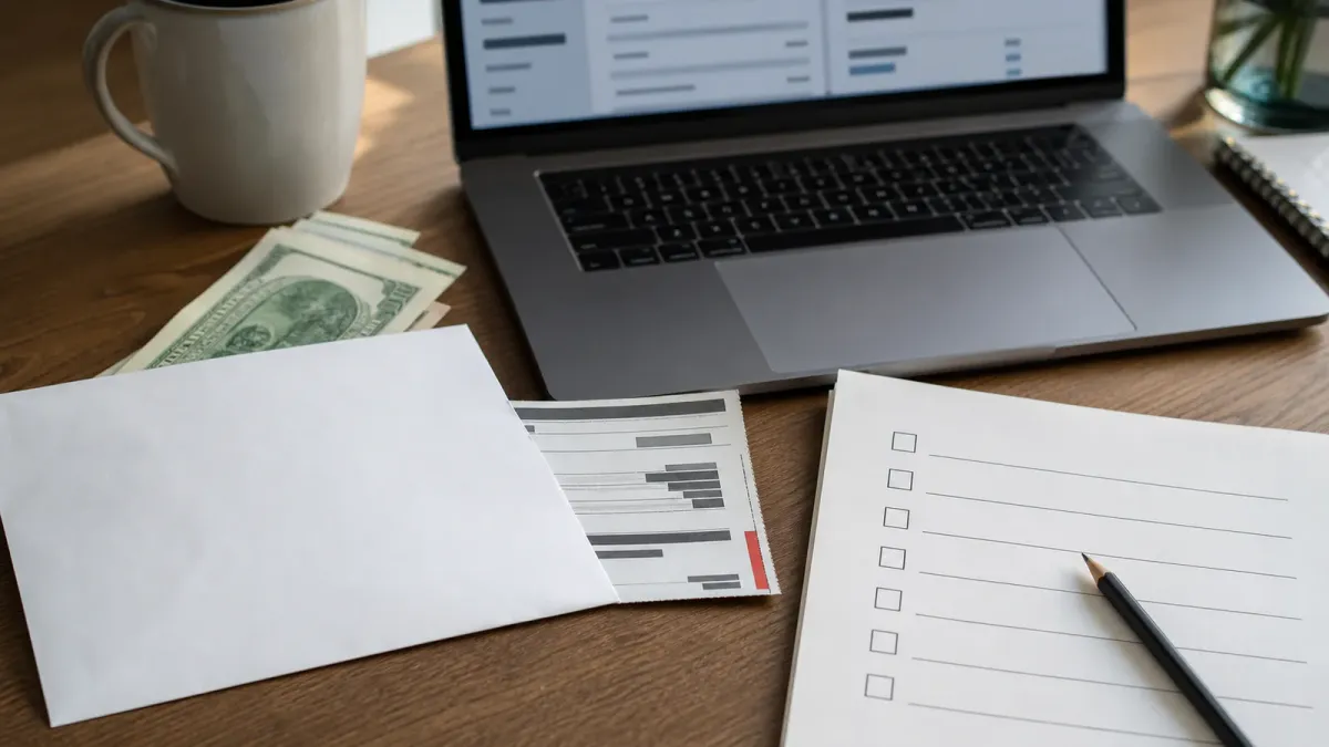 A paystub, blank default notice envelope and checklist arranged on a desk beside an unreadable account screen.