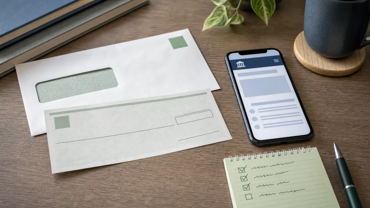 A refund-style envelope, check-shaped slip, phone and verification checklist arranged on a desk.
