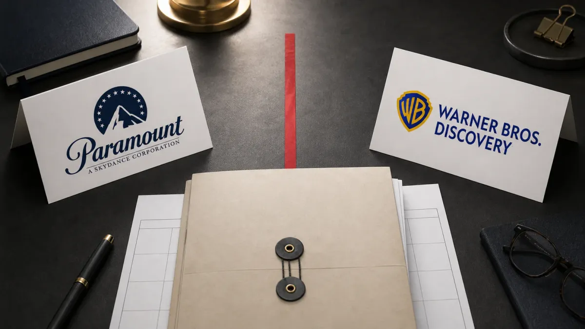 Paramount Skydance and Warner Bros. Discovery exhibit cards face a red legal stop line on a court-themed desk.