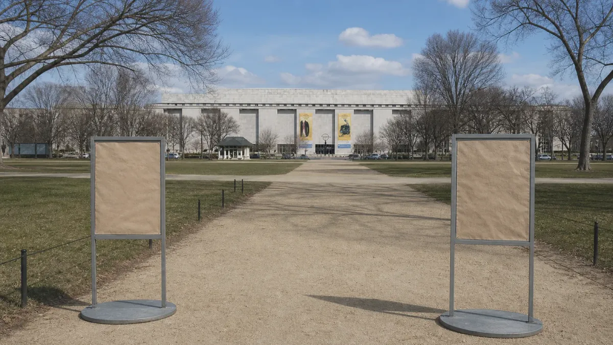 Blank temporary sign frames stand along the walkway leading to the National Museum of American History.