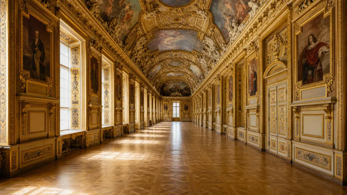 The Louvre's gilded Apollo Gallery shown as an open ceremonial room without jewel display cases.