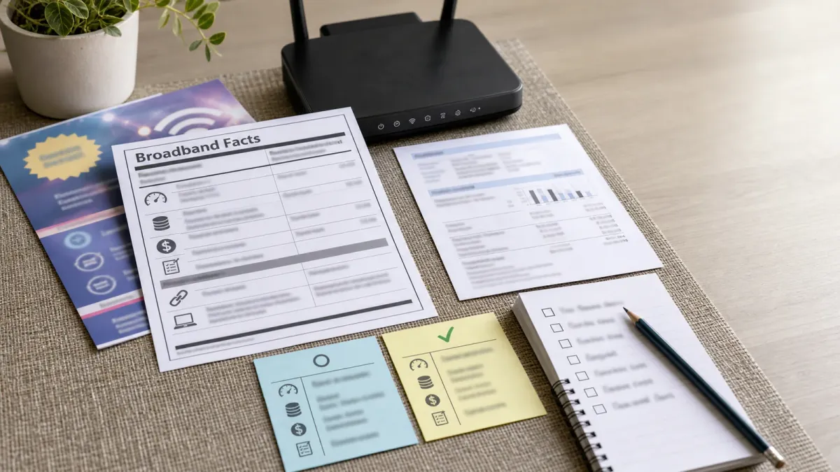 A broadband label, internet bill, router and comparison notes arranged on a desk.