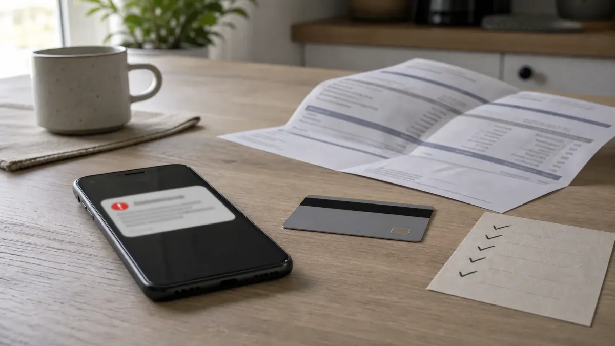 A phone with a blurred urgent alert beside an unbranded bank card and statement used for verification.