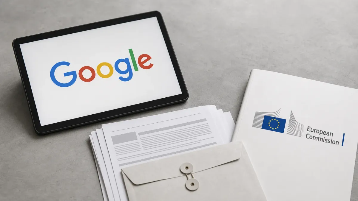 A desk scene showing Google and European Commission marks separated by trade paperwork.