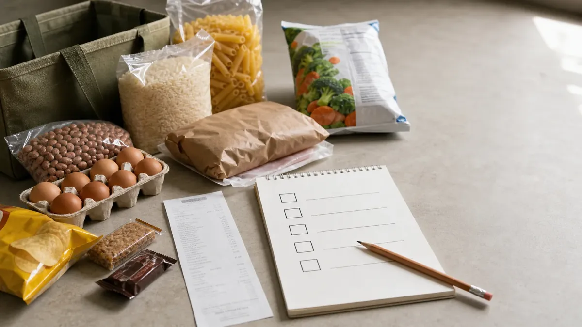 A grocery receipt, pantry staples and a checked shopping list arranged to compare weekly food costs