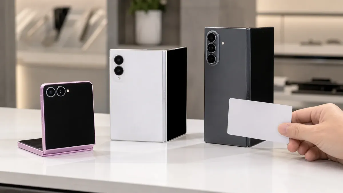 Samsung Galaxy Z Fold8 Ultra, Samsung Galaxy Z Fold8 and Samsung Galaxy Z Flip8 on a retail counter with a blank checkout card