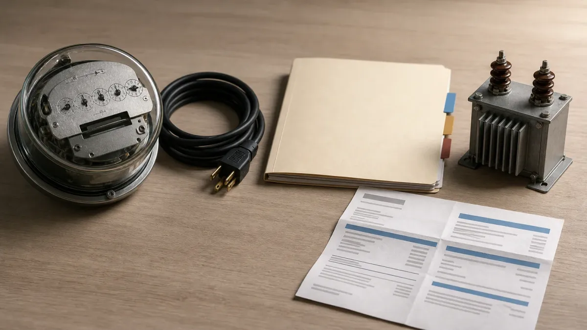 A household electric bill, meter and blank utility paperwork arranged as a still life about power costs.