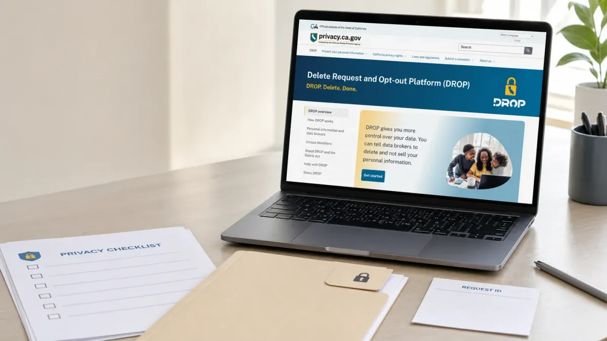 The official California DROP page shown on a laptop beside a blank privacy checklist and locked file folder.