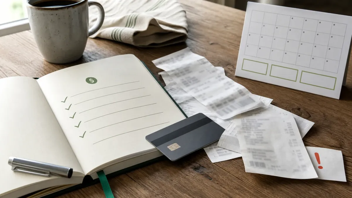 A household budget notebook with receipts, a face-down payment card, and a small calendar arranged on a kitchen table.