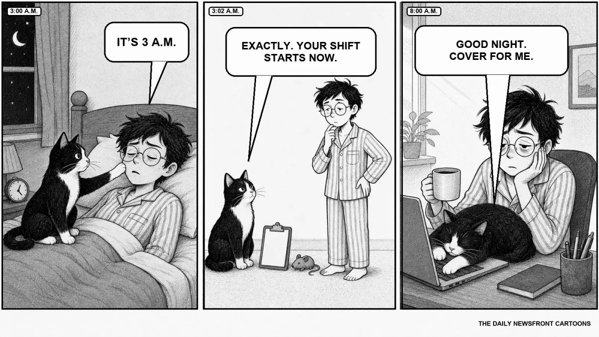 Three-panel black-and-white cartoon: a tuxedo cat wakes its owner at 3 a.m., calls it the start of the owner's shift, then sleeps across the owner's keyboard at 8 a.m. while saying, “Good night. Cover for me.”
