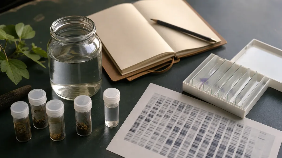 Freshwater sample vials, a lake-water jar and DNA lab materials arranged on a bench