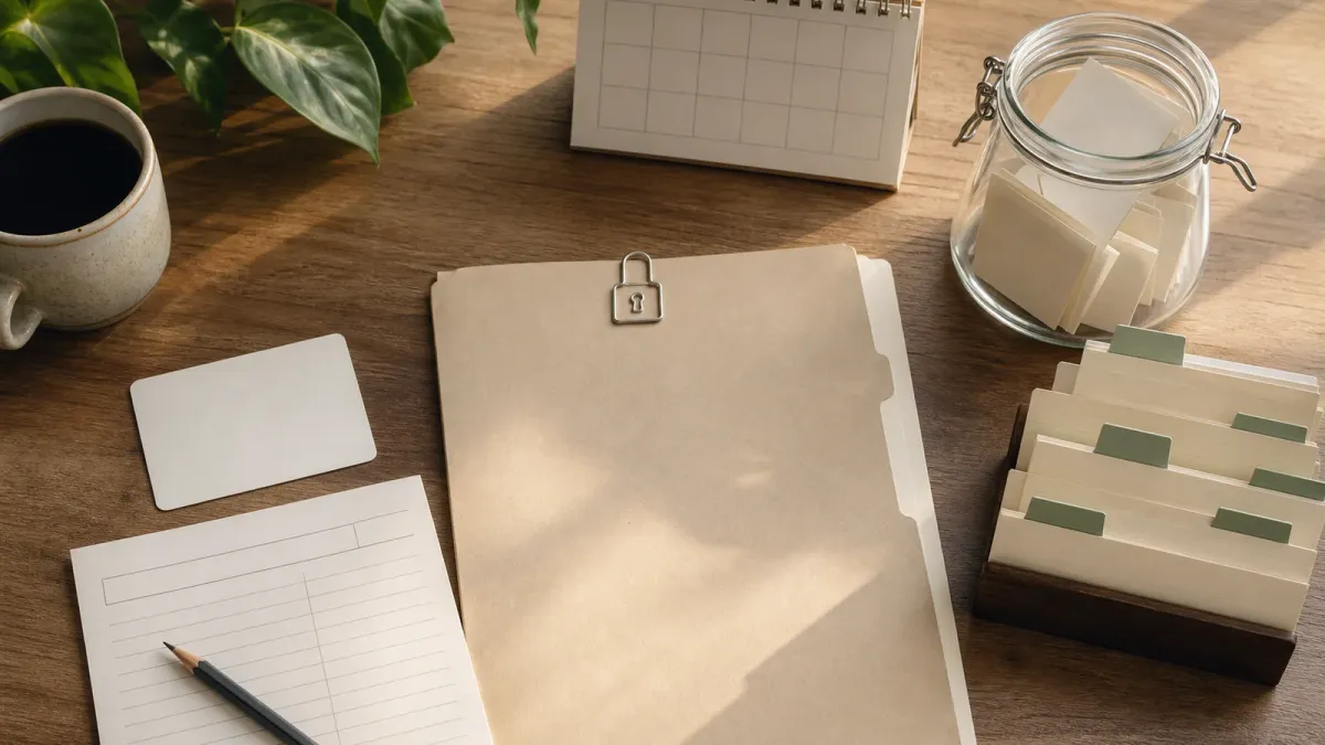 Unbranded household finance papers, cards and savings objects sorted into rate-checking groups on a table.