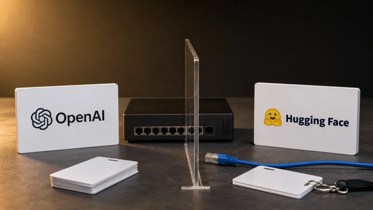 OpenAI and Hugging Face logo placards separated by a clear sandbox divider with cable and credential props