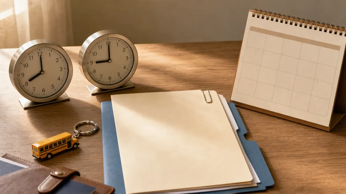 Two analog clocks and planning papers show a pending decision about permanent daylight saving time.