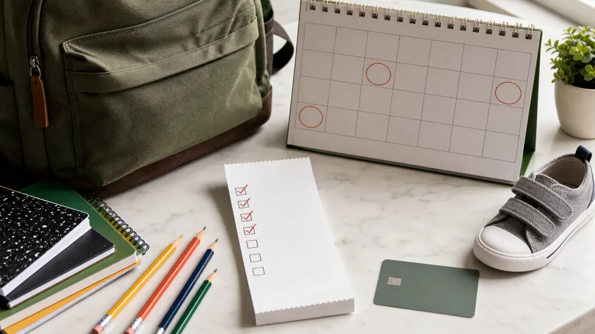 Back-to-school supplies, a blank receipt and a circled calendar arranged as a tax-holiday shopping checklist.